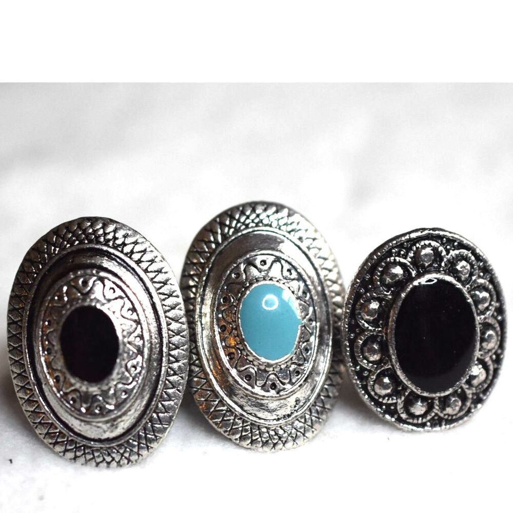 NWOT Southwestern 3pc. Silver Tone Etched/Textured Blue/Black Adjustable Rings